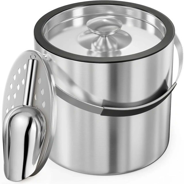 3L Modern Insulated Ice Bucket with Silicone Lid, Scoop, Strainer, Double Wall Stainless Steel Ice Bucket