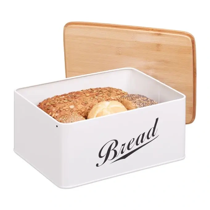 White Bread Bin Storage Box with Bamboo Lid for Kitchen Vintage Retro Design Metal Bread Box