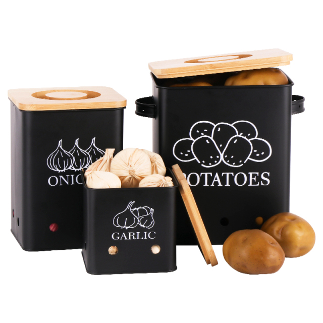 3 Pack Vegetable Storage Tins Metal Onion Garlic Potato Jars Set Kitchen Canisters Vegetable Keeper Containers with Wooden Lid