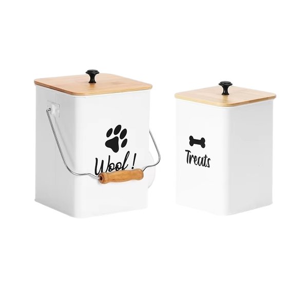 Coated Carbon Metal Storage Cat Treat Canister Dog Treat Tins Tight Fitting Wood Lids Pet Food Treats Containers Set with Scoop