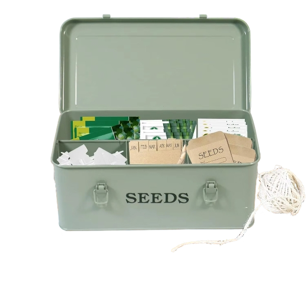 Metal Seed Bin Storage Organizer Box Seed Packet Container with Lid 4 Compartments Garden Seed Bin