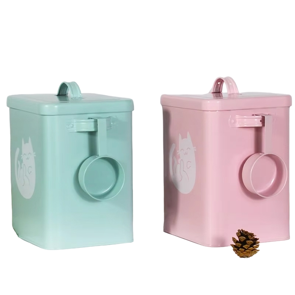 Airtight Dog Treat Storage Tin with Scoop High Quality Galvanized Iron Metal Food Packaging Rectangle Stocked Pet Food Container