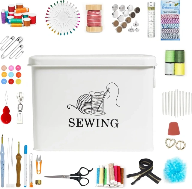 金属缝纫盒，缝纫工具包收纳盒，带可拆卸托盘，用于存放剪刀、线、大头针、针和夹子