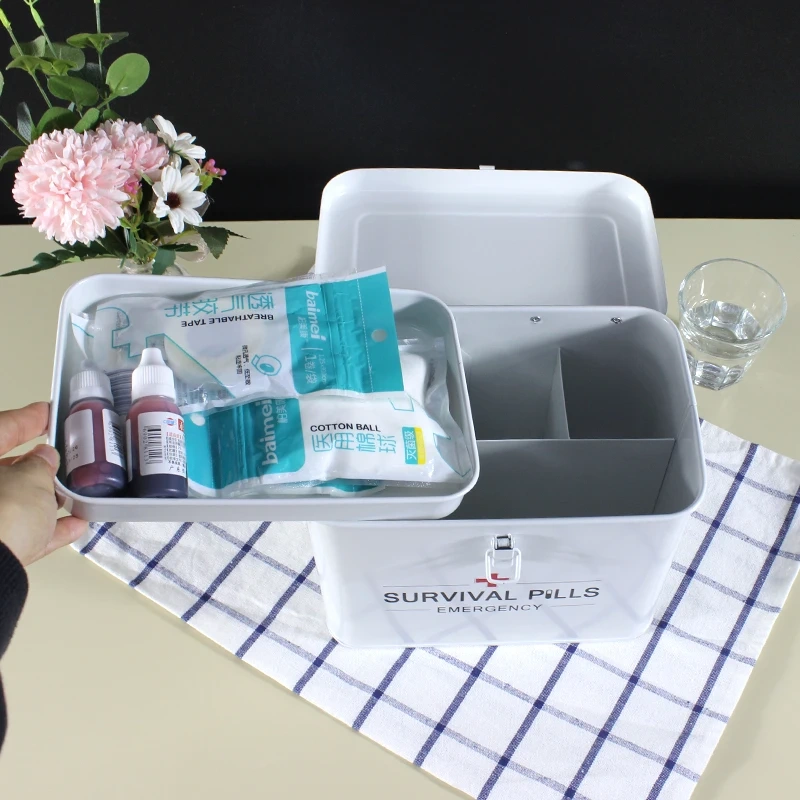 急救箱整理器，用于药品储存和家居装饰，带盖子和可拆卸托盘，急救箱金属医疗箱