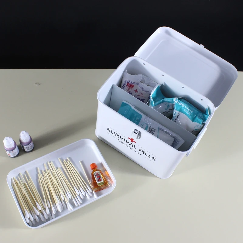 急救箱整理器，用于药品储存和家居装饰，带盖子和可拆卸托盘，急救箱金属医疗箱