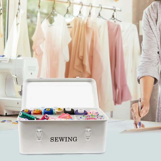 Metal Sewing Kit Storage and Organizer with Compartments Vintage Sewing Box