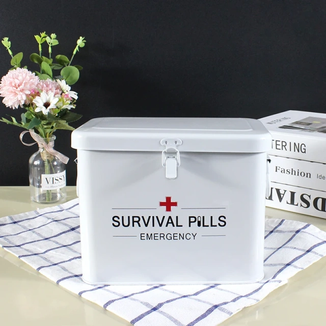 First Aid Box Organizer for Medicine Storage and Home Decor with Lid and Removable Tray First Aid Kit Metal Medical Box
