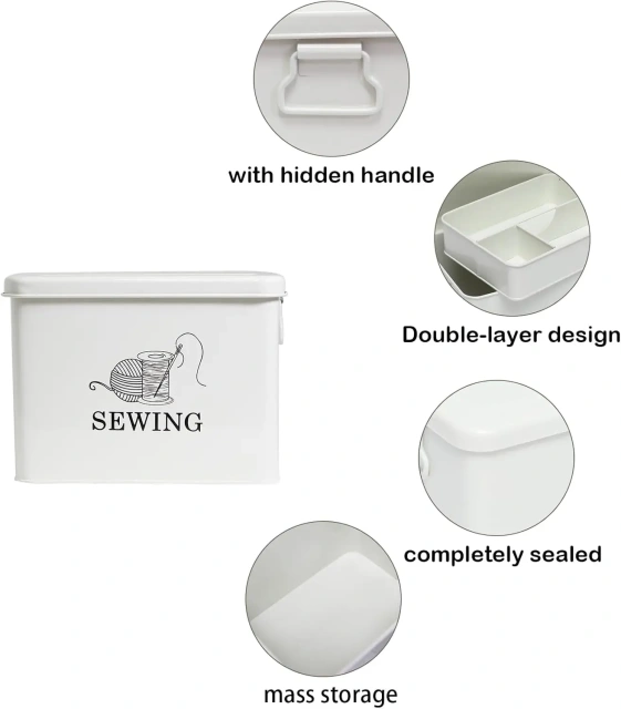 金属缝纫盒，缝纫工具包收纳盒，带可拆卸托盘，用于存放剪刀、线、大头针、针和夹子