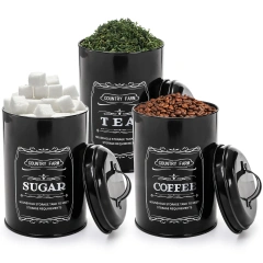 Kitchen Countertop Coffee Tea Sugar Canister and Large Black Farmhouse Metal Bread Box with 3 Kitchen Canisters Set
