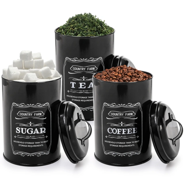 Kitchen Countertop Coffee Tea Sugar Canister and Large Black Farmhouse Metal Bread Box with 3 Kitchen Canisters Set