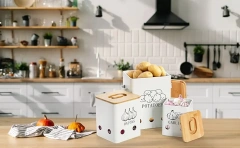 Factory Custom Metal Vegetable Bin Set Potato Onion Bin Set Stainless Steel Potato Storage Bin With Wooden Lid