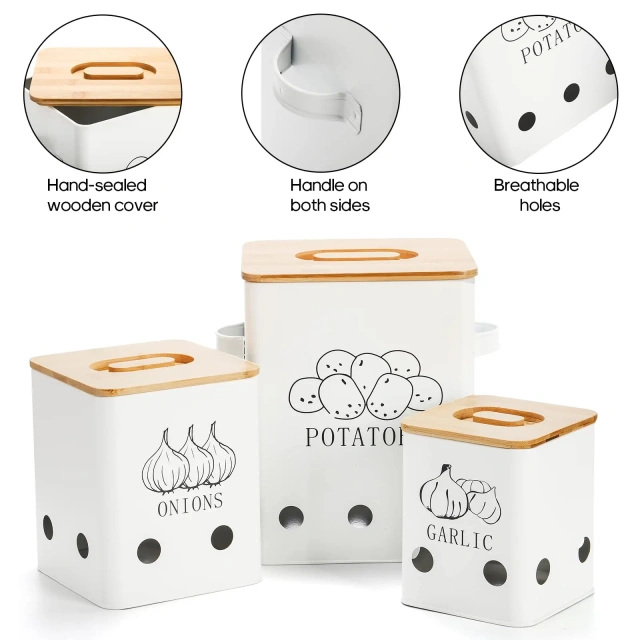 Factory Custom Metal Vegetable Bin Set Potato Onion Bin Set Stainless Steel Potato Storage Bin With Wooden Lid