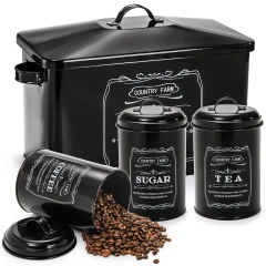 Kitchen Countertop Coffee Tea Sugar Canister and Large Black Farmhouse Metal Bread Box with 3 Kitchen Canisters Set