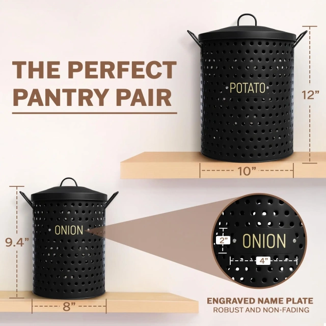 Factory Custom Black Galvanized Kitchen Storage Bins Potato Keeper Storage Container Set of 2 Potato and Onion Storage Bin