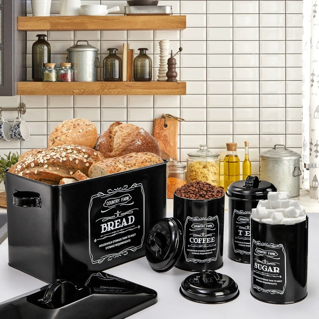 Kitchen Countertop Coffee Tea Sugar Canister and Large Black Farmhouse Metal Bread Box with 3 Kitchen Canisters Set