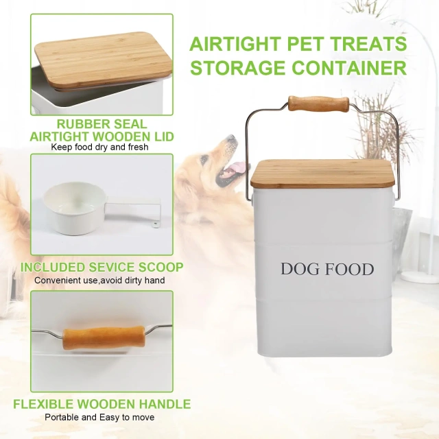 2025 Dog Food Storage Container Dog Treats Jar Metal Food Treats Box for Dog Pet Snacks Canisters with Wooden Lid
