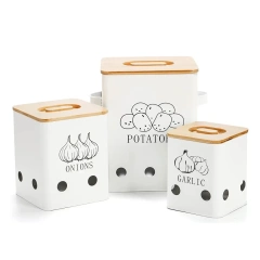Factory Custom Metal Vegetable Bin Set Potato Onion Bin Set Stainless Steel Potato Storage Bin With Wooden Lid