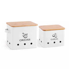 Factory Custom Metal Vegetable Bin Set Potato Onion Bin Set Stainless Steel Potato Storage Bin With Wooden Lid