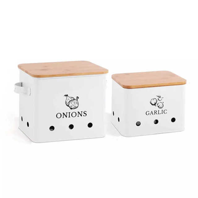 Factory Custom Metal Vegetable Bin Set Potato Onion Bin Set Stainless Steel Potato Storage Bin With Wooden Lid