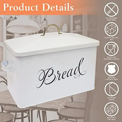 Farmhouse Bread Bin for Kitchen Countertop Large Capacity  Metal Bread Box with Side Handles Steel Bread Storage Container