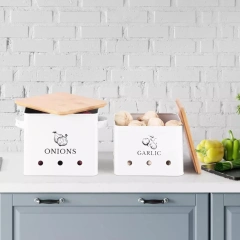 Factory Custom Metal Vegetable Bin Set Potato Onion Bin Set Stainless Steel Potato Storage Bin With Wooden Lid