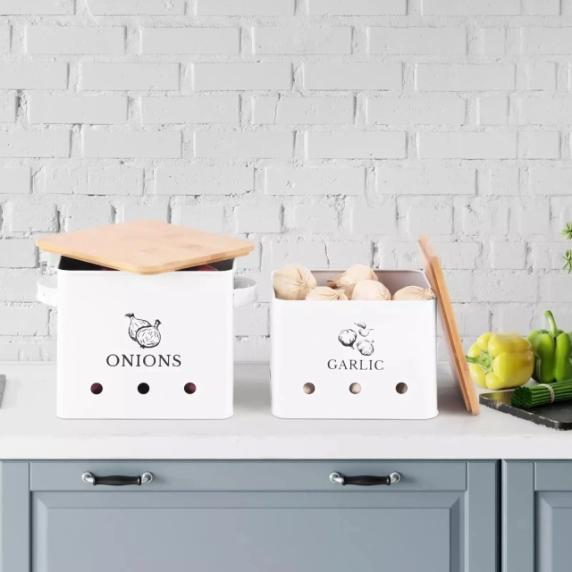 Factory Custom Metal Vegetable Bin Set Potato Onion Bin Set Stainless Steel Potato Storage Bin With Wooden Lid