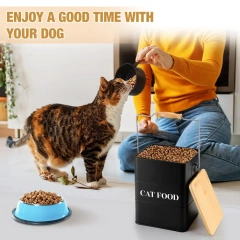 镀锌铁宠物食品储存盒密封猫零食罐金属猫粮容器带竹盖和勺子