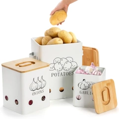 Factory Custom Metal Vegetable Bin Set Potato Onion Bin Set Stainless Steel Potato Storage Bin With Wooden Lid