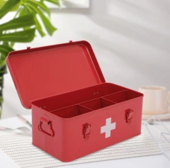 Metal Red Medicine Box Tin Custom Storage Box Safety Lock First Aid Empty Box for Home