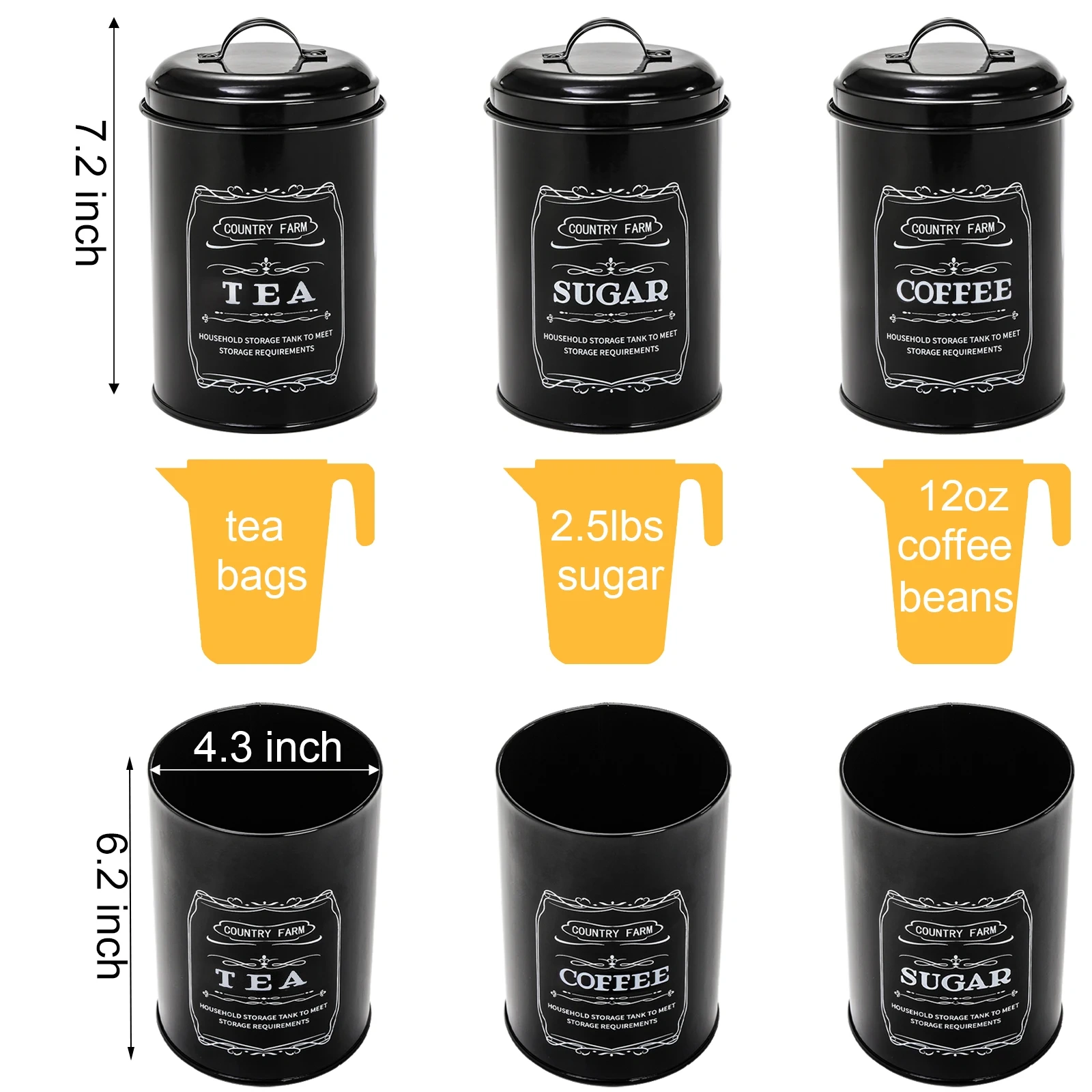 Kitchen Countertop Coffee Tea Sugar Canister and Large Black Farmhouse Metal Bread Box with 3 Kitchen Canisters Set