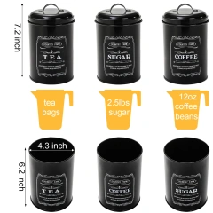 Kitchen Countertop Coffee Tea Sugar Canister and Large Black Farmhouse Metal Bread Box with 3 Kitchen Canisters Set