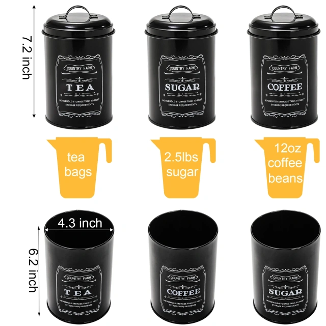Kitchen Countertop Coffee Tea Sugar Canister and Large Black Farmhouse Metal Bread Box with 3 Kitchen Canisters Set