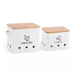 Factory Custom Metal Vegetable Bin Set Potato Onion Bin Set Stainless Steel Potato Storage Bin With Wooden Lid