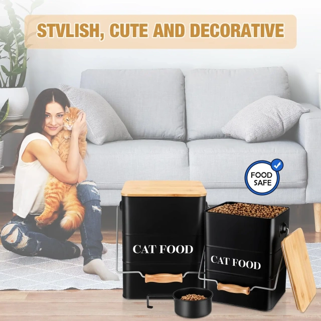 镀锌铁宠物食品储存盒密封猫零食罐金属猫粮容器带竹盖和勺子