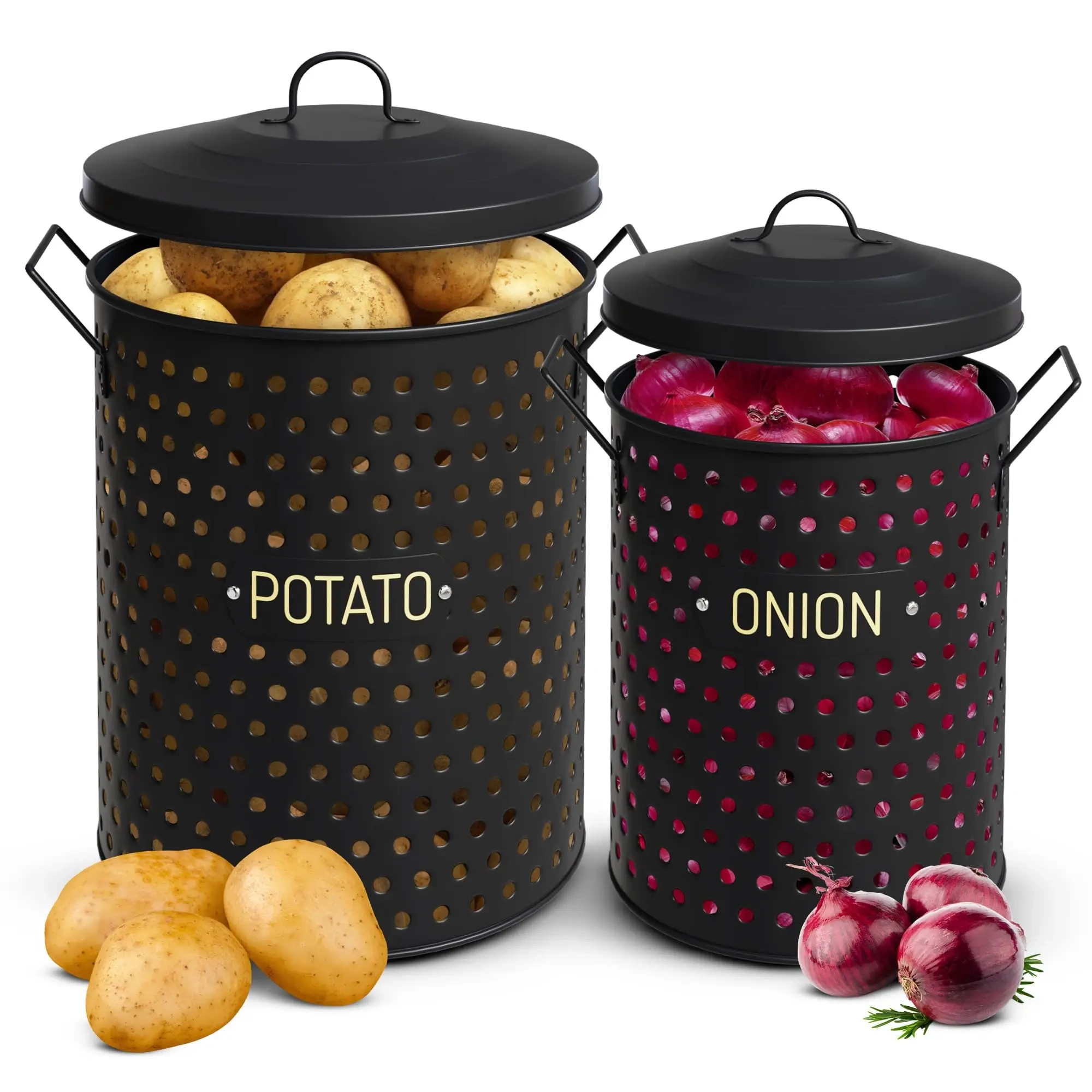 工厂定制黑色镀锌厨房储物箱土豆储存容器两件套土豆和洋葱储物箱