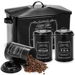 Kitchen Countertop Coffee Tea Sugar Canister and Large Black Farmhouse Metal Bread Box with 3 Kitchen Canisters Set