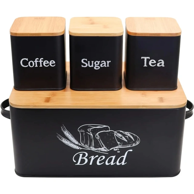 Galvanized Metal Kitchen Vintage Bread Bin Set With Canister Coffee Tea Sugar Canister Storage Set With Bamboo Lid