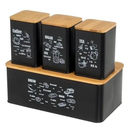 Galvanized Metal Kitchen Vintage Bread Bin Set With Canister Coffee Tea Sugar Canister Storage Set With Bamboo Lid