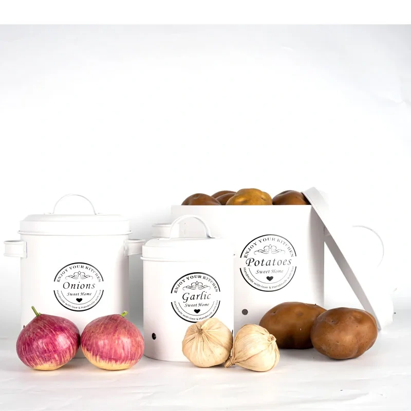 Galvanized Iron Vegetable Containers with Lid Kitchen Potato Onion Garlic Canister Storage Bucket