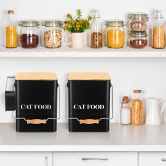 镀锌铁宠物食品储存盒密封猫零食罐金属猫粮容器带竹盖和勺子