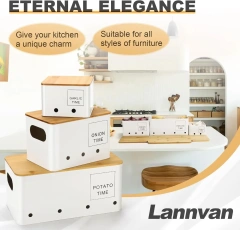 Metal Potato Onion Garlic Kitchen Canisters Storage Box with Ventilation Holes Keep Fresh Rectangular Box Bamboo Lid