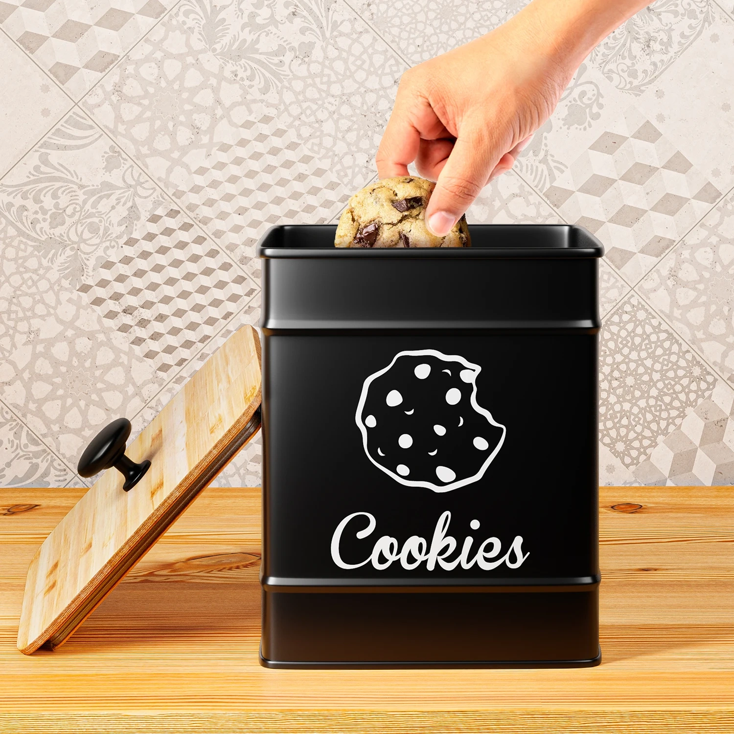 Kitchen Counter Decorative Metal Storage Box Cookie Jar with Airtight Bamboo Lid