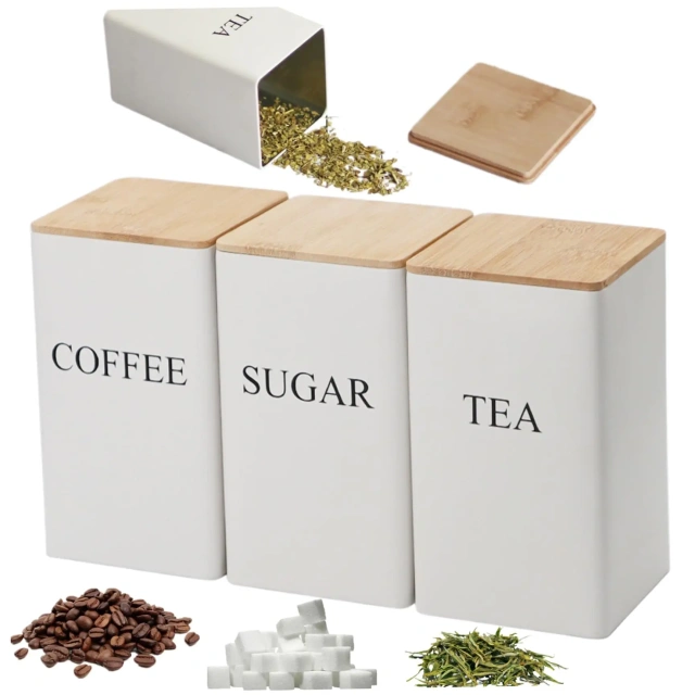 Wholesale Customize Kitchen Products 3 Pieces Coffee Tea Sugar Container Set With Wooden Lid