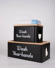 Wall Mount Bathroom Steel Toilet Paper Holder Box With Phone Holder Wooden Lid Metal Storage Box