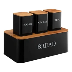 Metal Bread Sandwich Box Customize Storage Bin Bread Bin Biscuit Tea Coffee Sugar Canister Set with Bamboo Lid