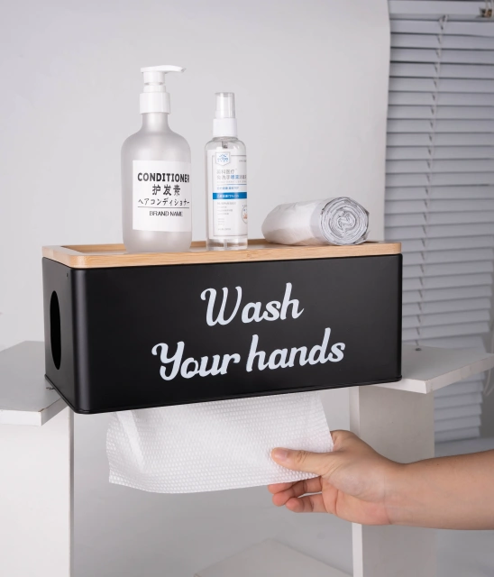 Wall Mount Bathroom Steel Toilet Paper Holder Box With Phone Holder Wooden Lid Metal Storage Box