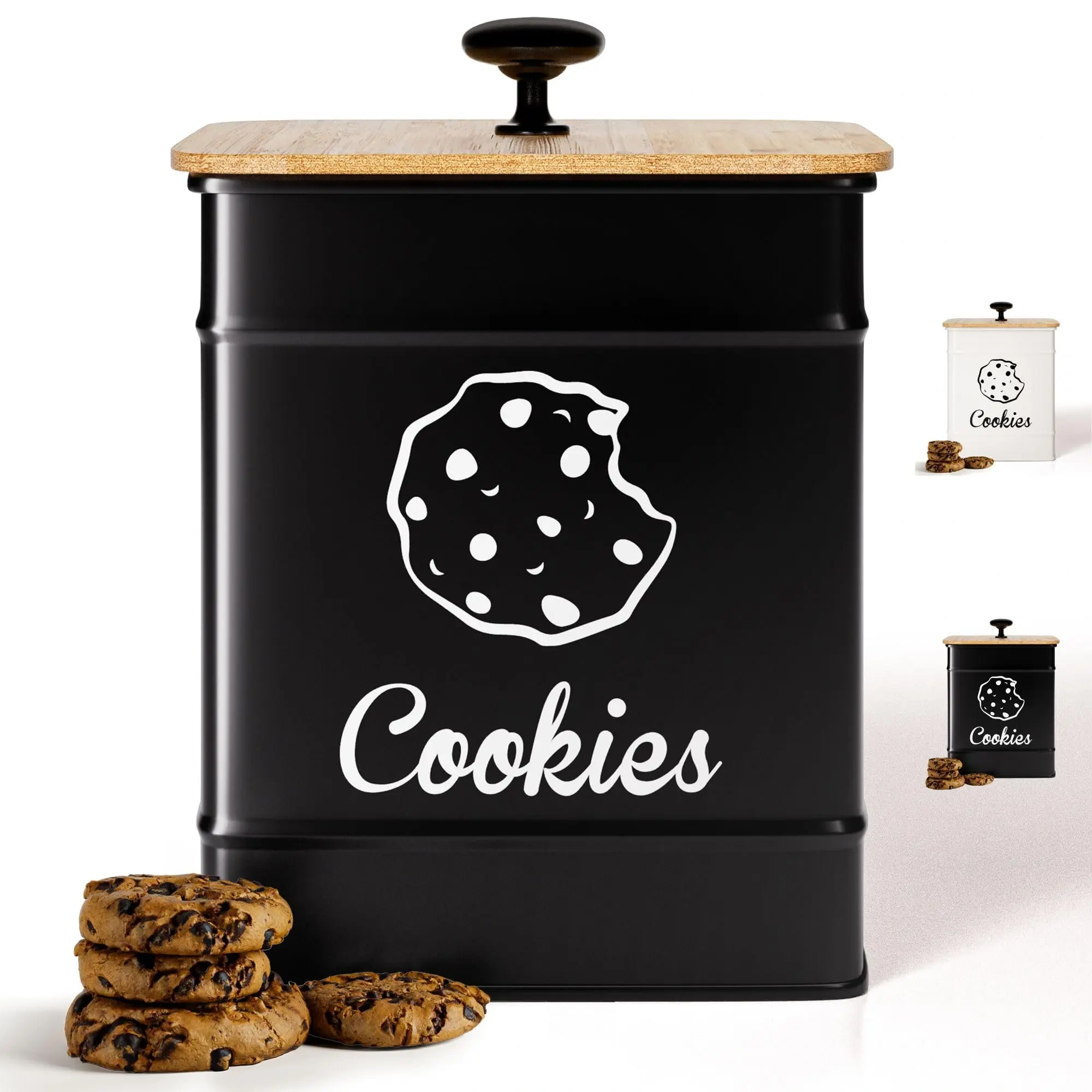Kitchen Counter Decorative Metal Storage Box Cookie Jar with Airtight Bamboo Lid