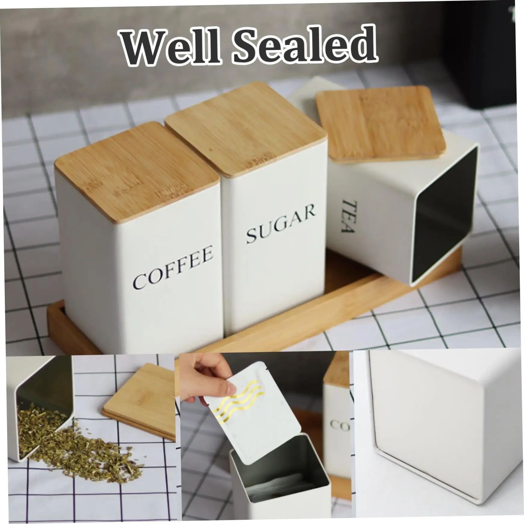批发定制厨房用品3件套咖啡茶糖容器套装带木盖
