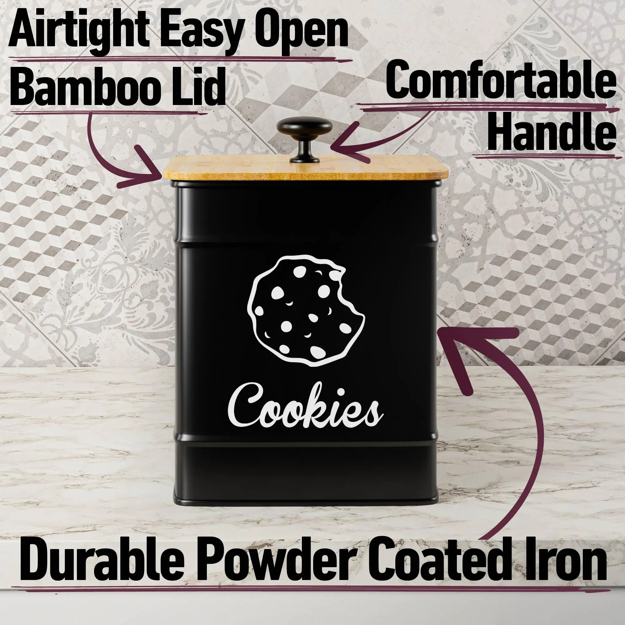 Kitchen Counter Decorative Metal Storage Box Cookie Jar with Airtight Bamboo Lid