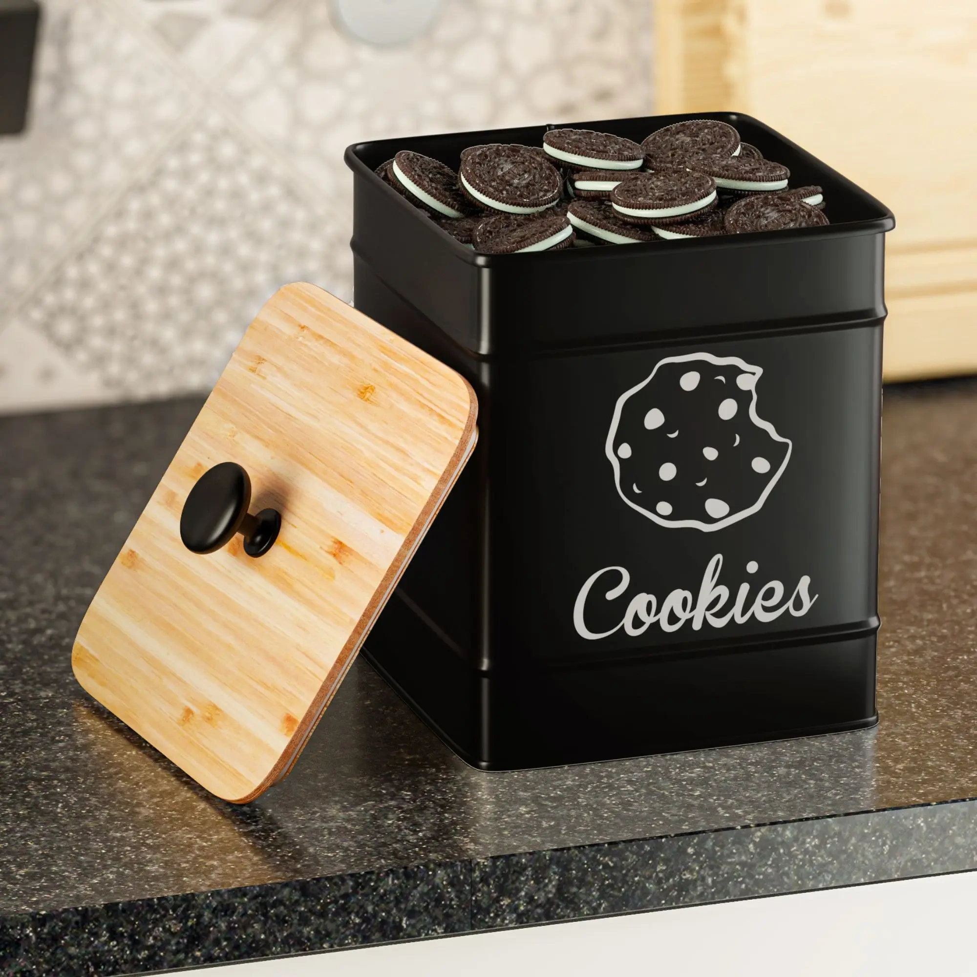 Kitchen Counter Decorative Metal Storage Box Cookie Jar with Airtight Bamboo Lid
